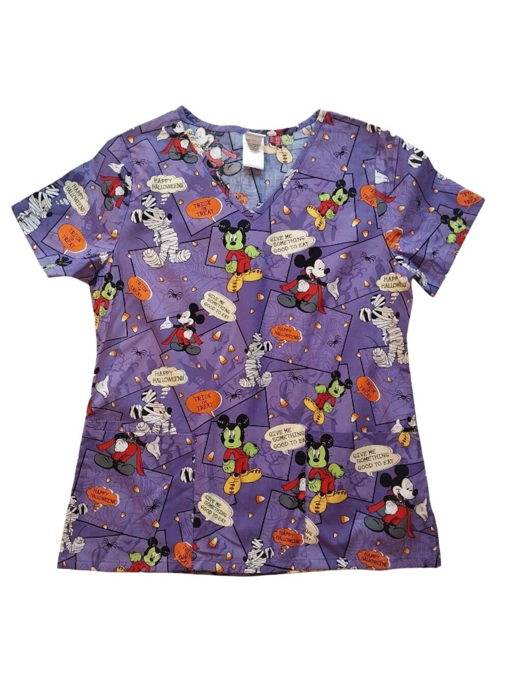 Disney Halloween Themed Scrub Top Small Purple Mickey & Friends Cotton Short Sle
